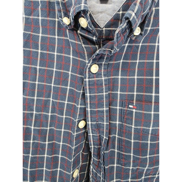 Tommy Hilfiger Mens Blue Checkered Medium XS Button Down Dress Shirt Classic Fit - Picture 3 of 8